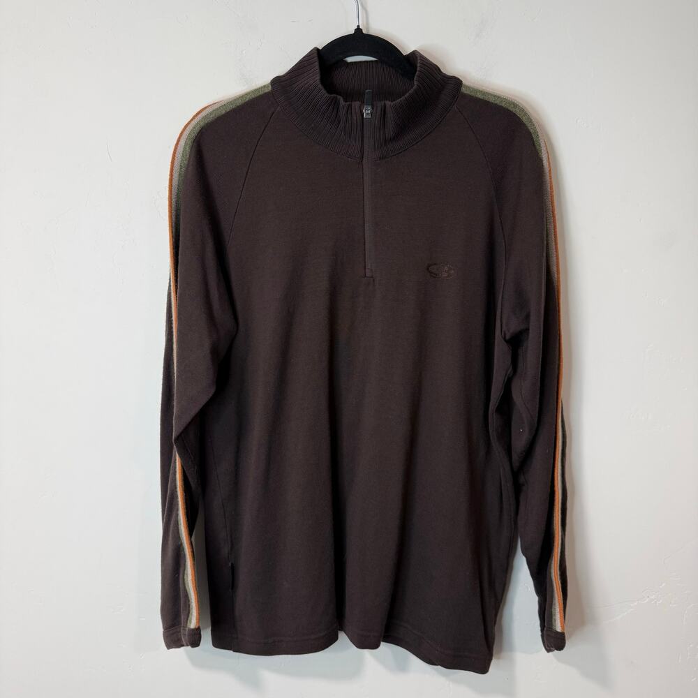 Icebreaker Men's Quarter Zip‎ Merino Wool Pullover Dark Brown XL Stripe Retro
